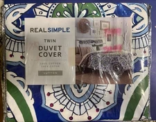 Bed Bath Beyond Real Simple Cotton Twin Blue Green Sutton Duvet Cover 68”x 90”