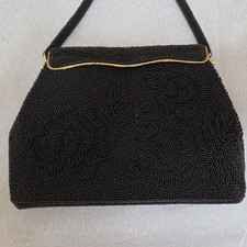 Vintage Black Beaded Evening Handbag -Black Silk Lining-Gold toned Hardware 1950
