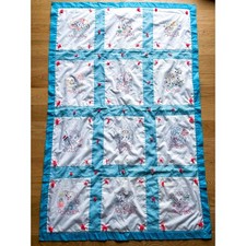 Vintage Embroidered Baby Quilt   Months of the Year Animals   Blue Gingham