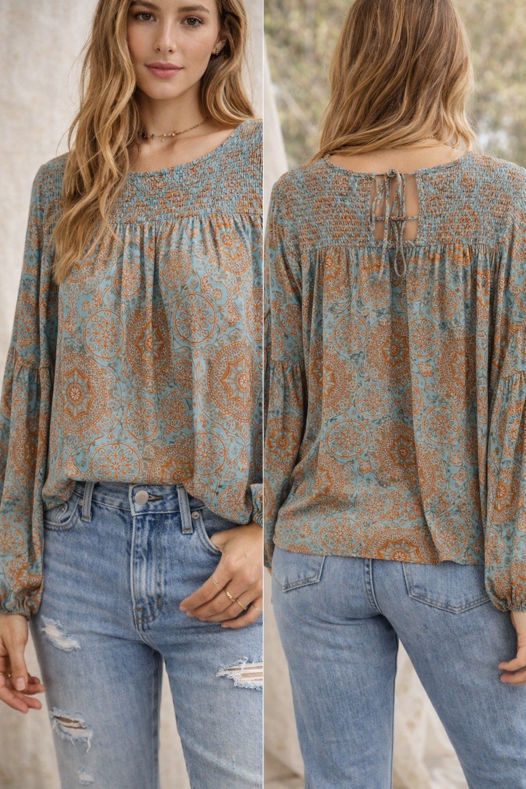 Stetson Boho Paisley Blouse Womens large Blue Smocked Peasant Western Top
