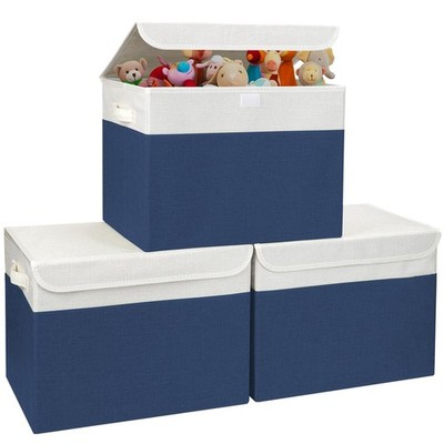 3 PCS 42 Quart 16.7x12x12 Inch Stackable Fabric Storage Bins Lids Navy White