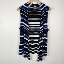 Chicos Travelers Striped Vest Sz 2 US Large Blue Black Open Slinky Liquid Knit