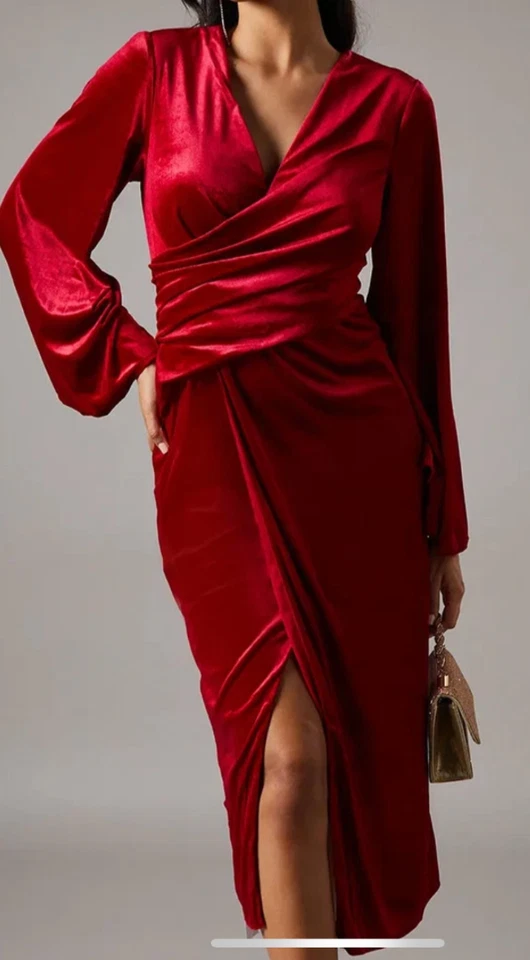 COAST RED VELVET WRAP WAIST MIDI DRESS SIZE 10 NWT - Image 2 of 4