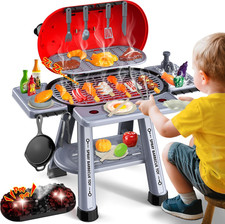 Kids Play Kitchen Toys Set: 68-Piece Pretend Grill BBQ Toy with Real Smoke, Sizz