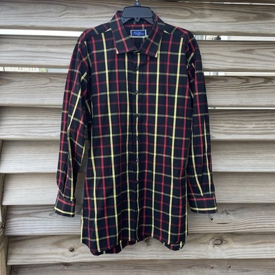 Tom James black red yellow check button up collared Shirt Men XL EUC
