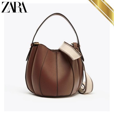 Zara Top Handle Bucket Bag with Topstitch Detail Dark Tan Zara