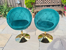 Set of 2 Green Upholstered Swivel Office Chairs Gold Finish Base 85x60x100