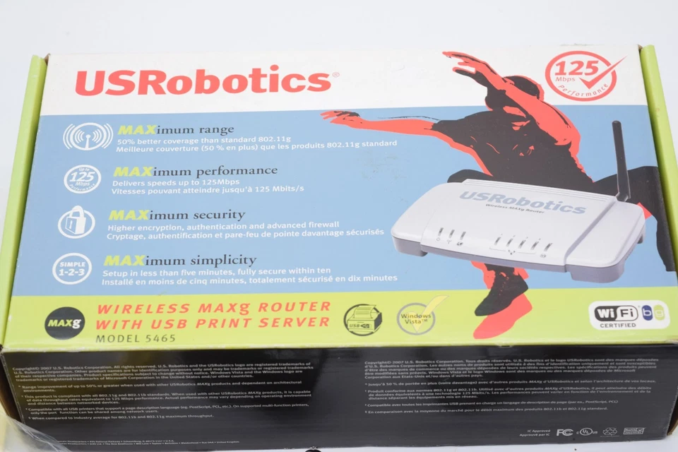 U.S. Robotics Wireless MAXg Router 5461 w/ USB Print Server CD Cable Manual Box - Image 4 of 4