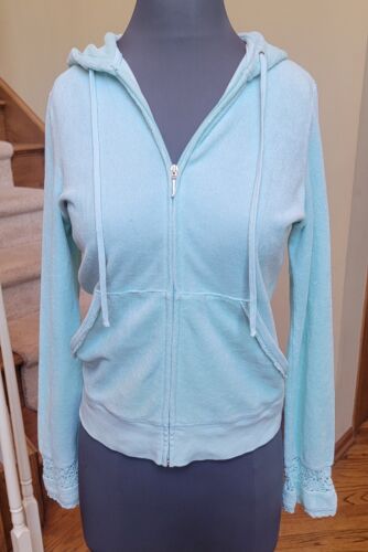 JUICY COUTURE MINT GREEN French Terrycloth Zip Hoodie Lace Trim Pockets XL  - Picture 1 of 11
