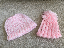 Lot of 2 Infant or Doll Hats Hand Crocheted Pink 1 Pompom FREE SHIPPING