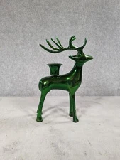 Vintage Shiny Green Metal Single Candle Stick Holder Candelabra Reindeer 7"