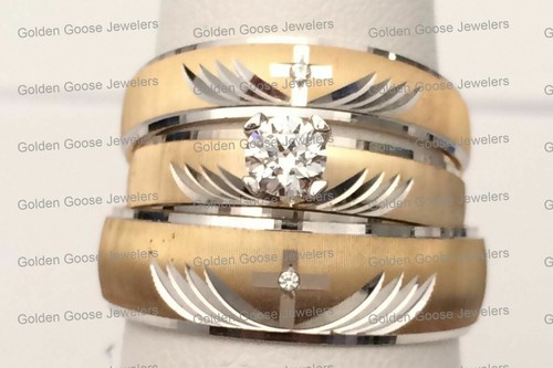 14k Yellow Gold His Her Men Woman Zirconia Wedding Ring Bands Trio Bridal Set - 第 1/10 張圖片