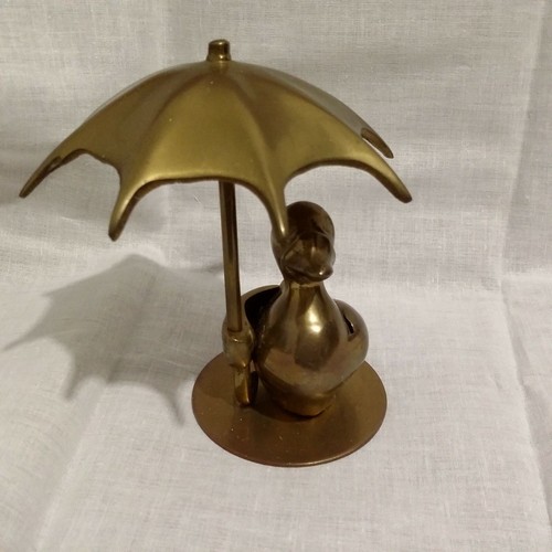 Linda estatuilla de pato de latón con paraguas de colección 5" H