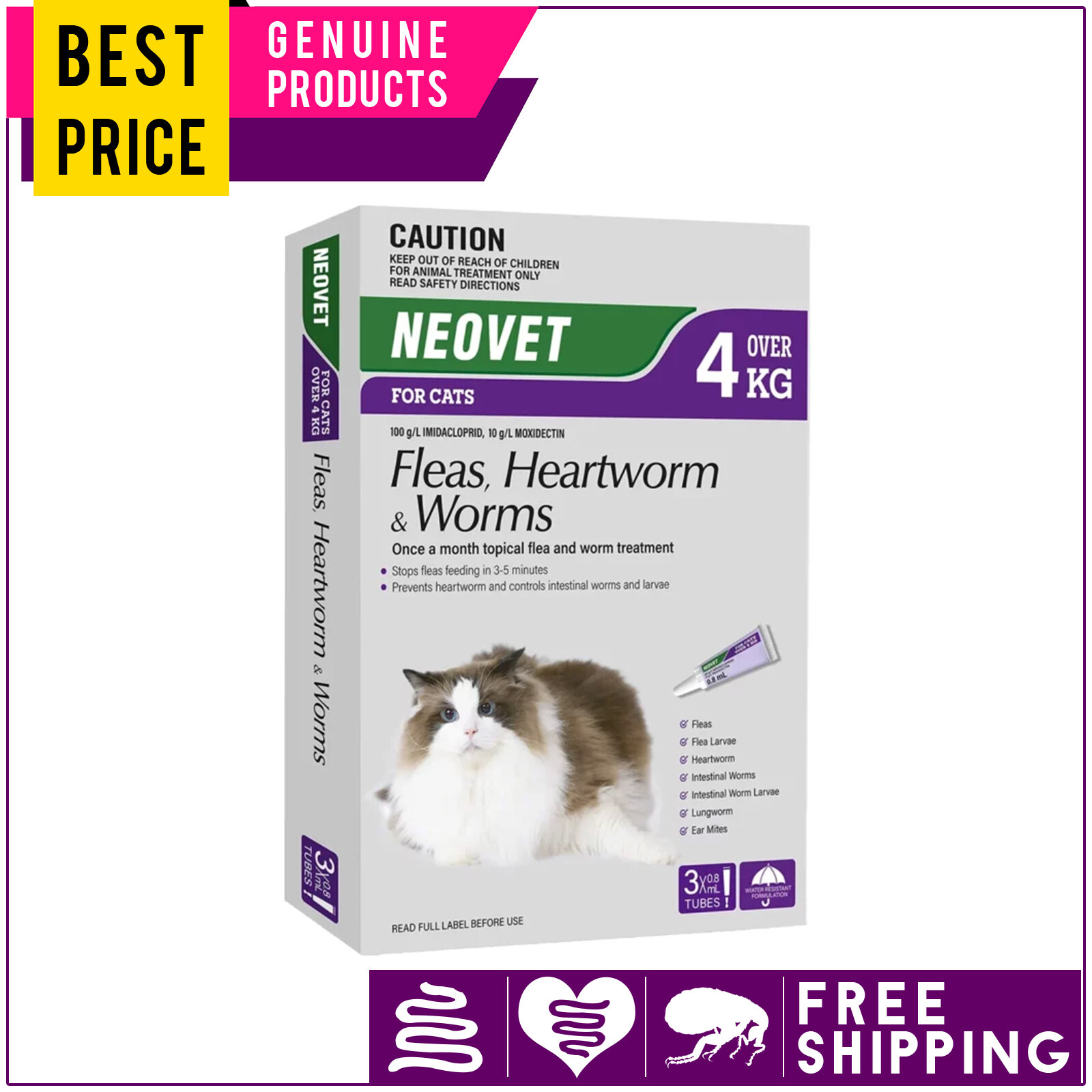 Neovet Flea Heartworm Worm Control for Cats All Sizes 3 Doses eBay