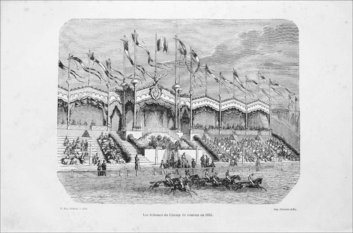 LOISIRS (Cheval)- TRIBUNES de CHAMP de COURSES HIPPIQUES - Gravure du 19e siècle - Picture 2 of 2