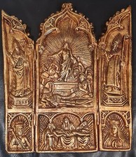 Antiguo tríptico de pared religioso - yeso pintado a mano con oro - ¡MUY RARO!!!