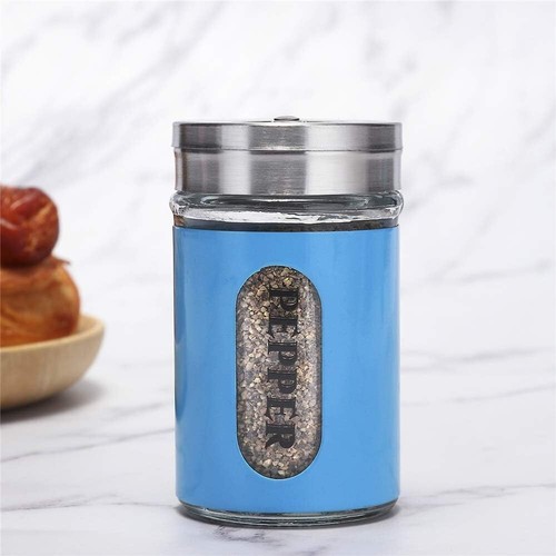Durable Blue Stainless Steel and Glass Spice Shakers with Adjustable Pour Holes - Picture 7 of 10