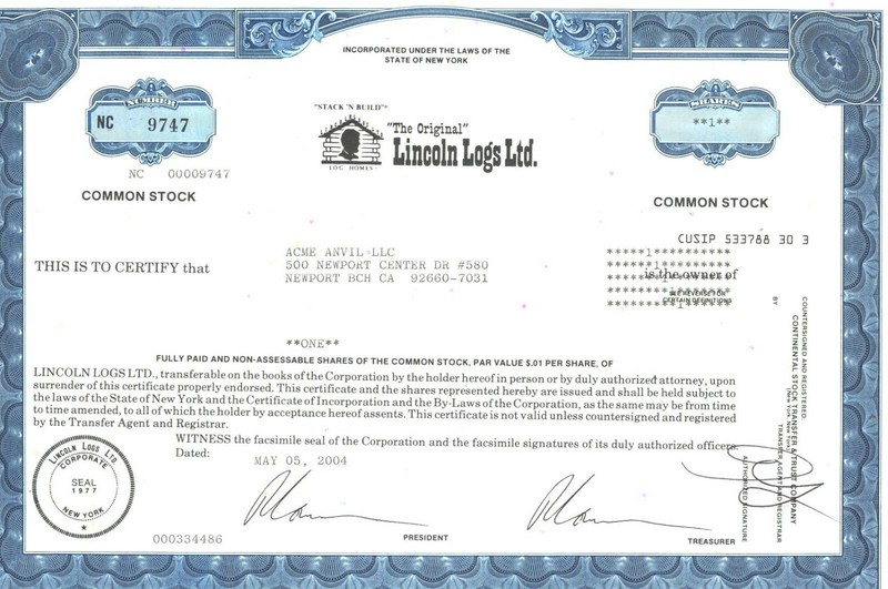 Lincoln Logs Ltd. Stock Certificate