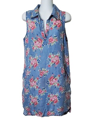 Allen B. Dress Womens Medium Blue Floral 100% Lyocell Collared Sleeveless Shirt