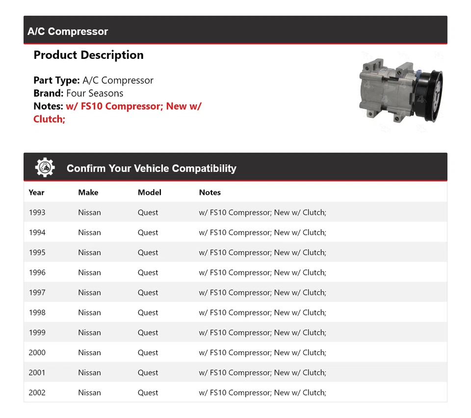 Compresor de aire acondicionado Nissan Quest 1993-2002 4 estaciones 1994 1995 1996 1997 1998 Foto 2 de 4