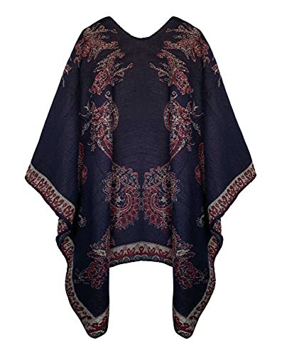 Women's Color Block Shawl Wrap Open Front Poncho Cape Series 29-Navy Blue - Picture 2 of 6