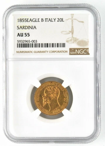 1855 B Italy Sardinia Eagle Gold Coin Certified NGC AU 55 KM# 146.1 Bullion UNC
