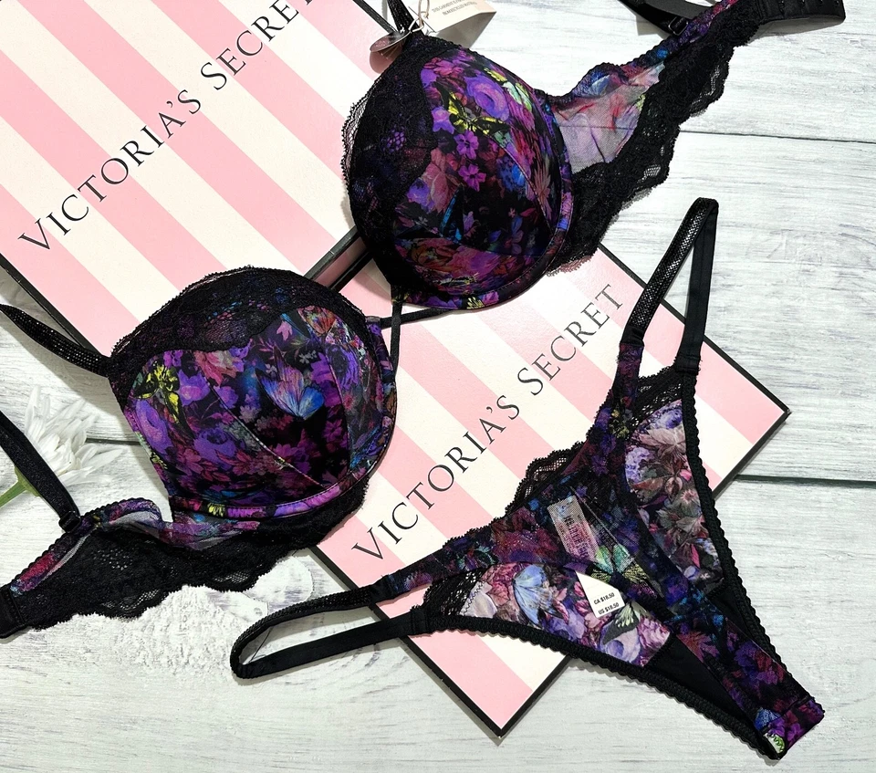 Victoria's Secret Brillo Correa Bombshell Push Up Sujetador Tanga Conjunto Moody Floral Foto 2 de 4