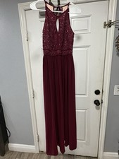 Burgundy Sequin Lace Sleeveless Maxi Dress Keyhole Neck Formal Wedding