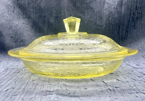 Vintage Florentine Poppy Amber Topaz Glass Covered Serving Dish Oval Lid
