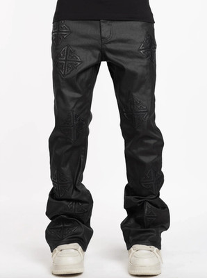 Guapi Obsidian Black Icon Flared Stretch Denim Jeans Mens 36X36 Leather Patches