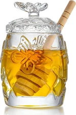   Transparent crystal honey jar with spoon and lid, honey bee jar, 