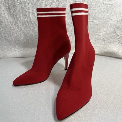 Leith Womens 9 Red White Stripe Fabric High Heel Sock Boots Pointy Toe Stilettos