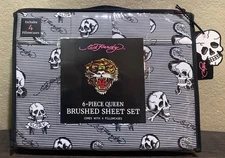 Ed Hardy QUEEN Striped 6pc Sheet Set Skulls, Snakes, Glory & Logos print