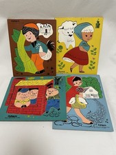 4 Vintage Playskool Wooden Puzzles Beanstalk Riding Hood 3 Pigs Mary Little Lamb