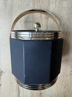 Vintage MCM Faux Leather Octagon Ice Bucket w handle Black Gold 7.5'' Barware