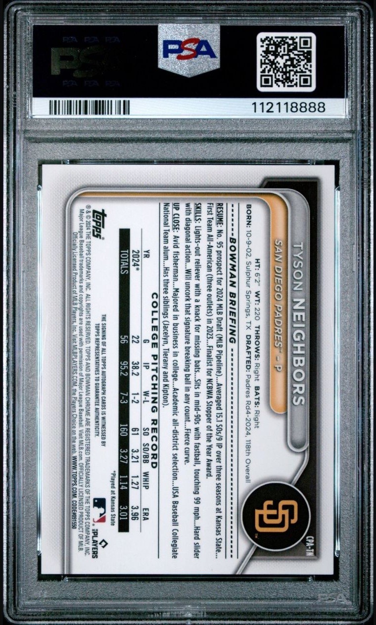 2024 Bowman Draft Tyson Neighbors Green Lava Auto /99 PSA 9 view 2