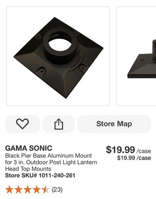 GAMA SONIC Black Aluminum Pier Base Mount for 3'' Outdoor Post Light Lantern