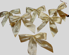 Lot 6 Small 4" Gold Tone Glitter Wired Bows for Gifts or Christmas Tree 869