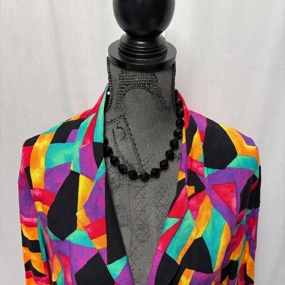 Blazer estampado abstracto colorido Hot Stuff para mujer talla mediana chaqueta vintage años 80 Foto 2 de 4