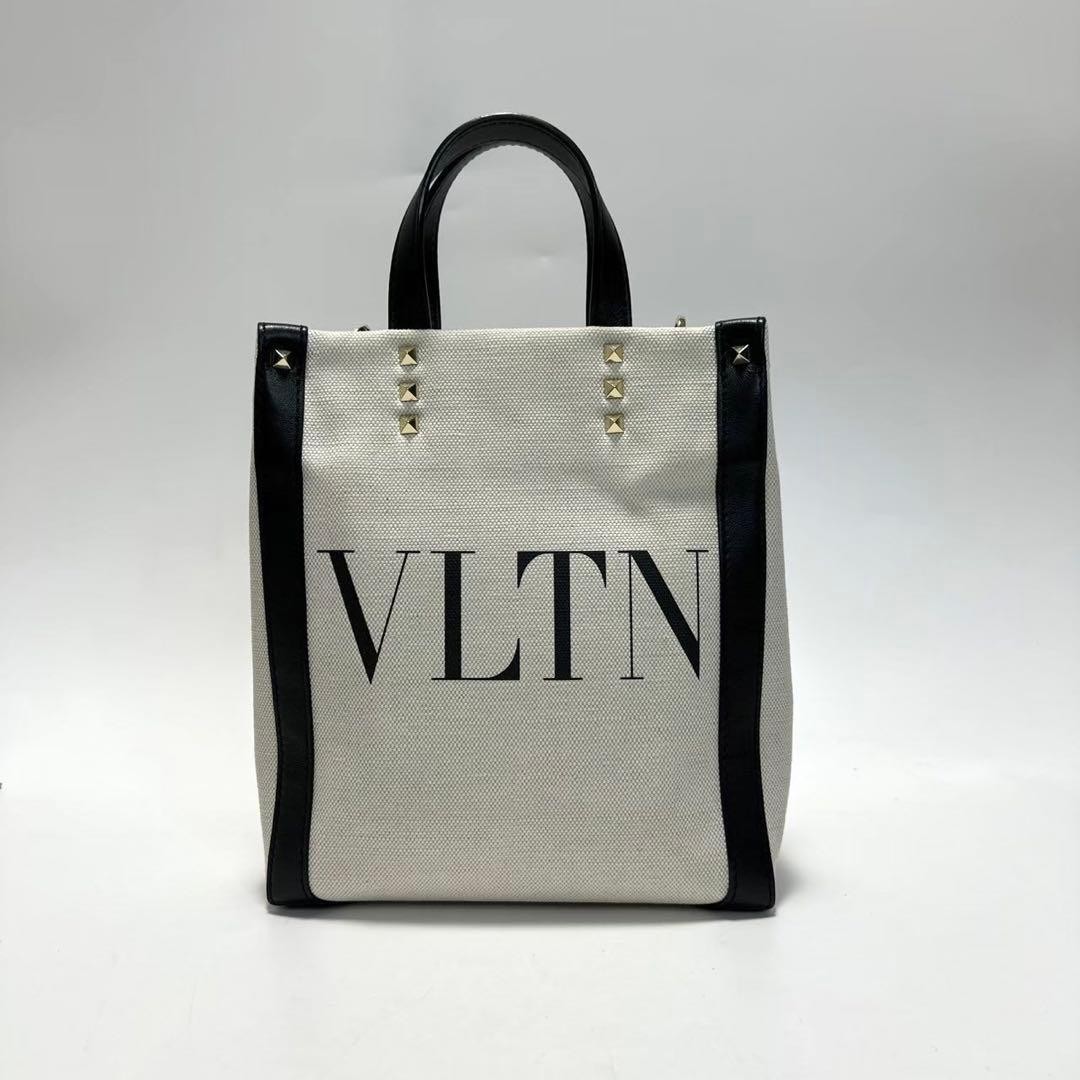 VALENTINO Women Studded 2Way Shoulder Hand bag Canvas Leather Gray Black thumbnail 2