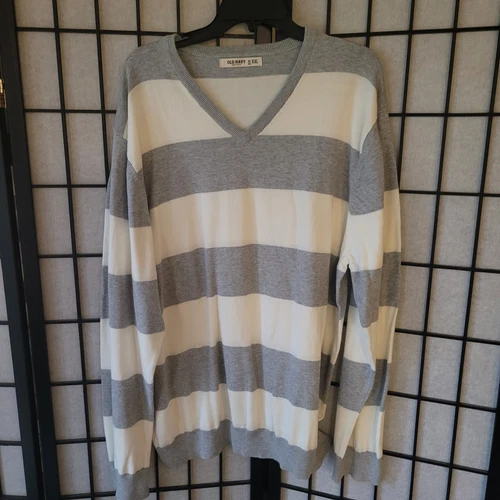 Old Navy Mens Striped Sweater XXL 100% Cotton Light Gray Cream Knit Long Sleeve - Picture 18 of 18