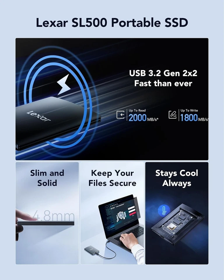 Lexar SL500 External SSD 1TB, USB3.2 Gen2x2 Portable SSD, PSSD up to 2000MB/s Re - Image 2 of 4