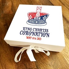 Square Blue Red Lie Art Crown King Charles III Coronation Personalised Gift Box