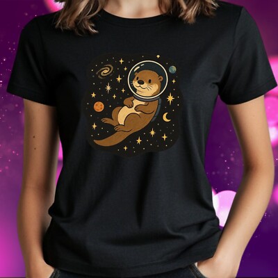 Frauen T-Shirt Otter schwebt im Weltraum Motiv Baumwolle Größe S bis 3XL