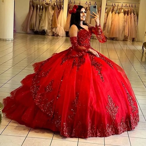 Red 15 16 Quinceanera Dresses Sweetheart Sequin Beaded Prom Graduation