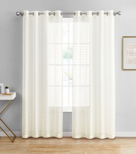 Single Sheer Window Curtain Panel: 55Wx84L, Plaid/Check Design, Metal Grommet - Picture 1 of 9