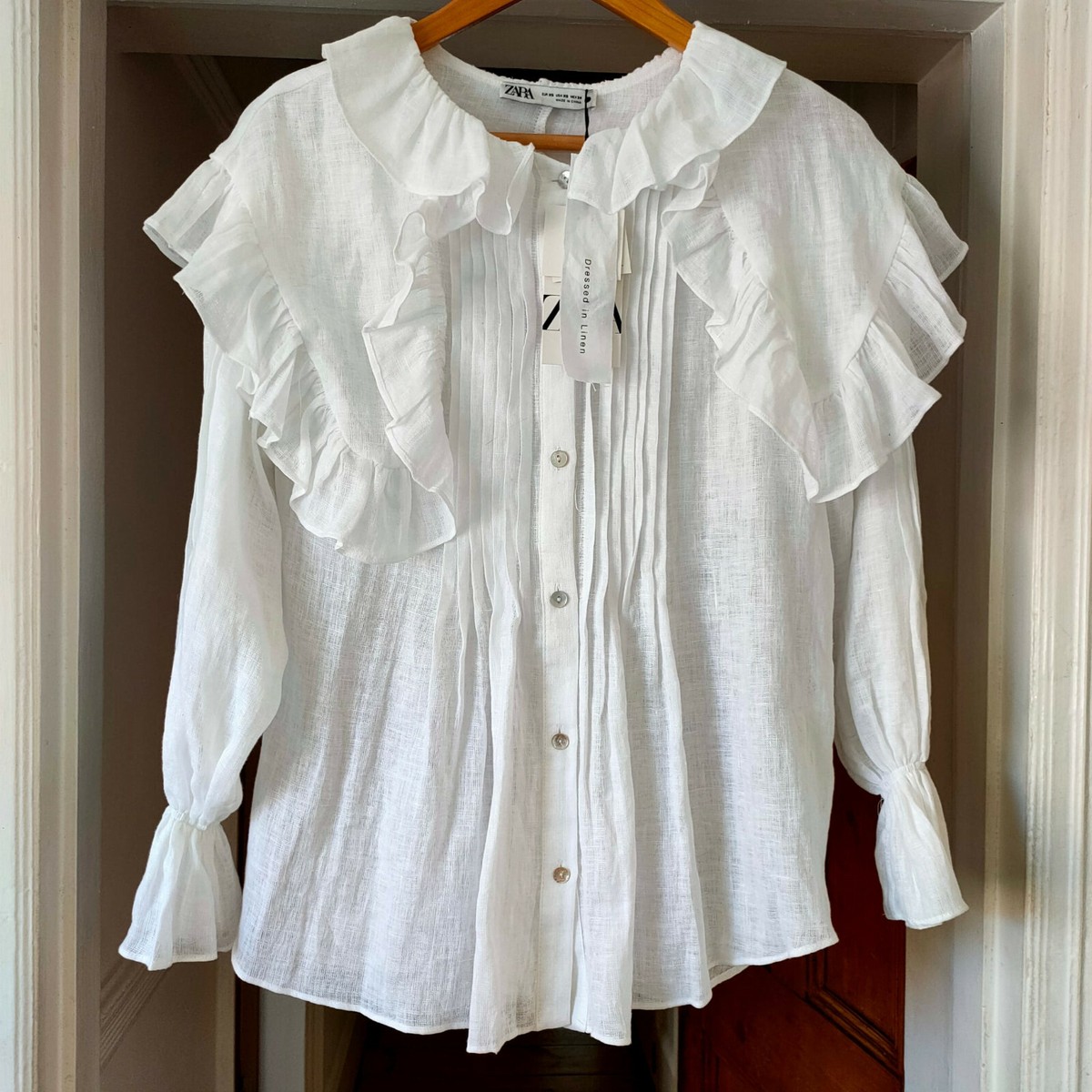 Zara SS21 100% Linen Flounce Blouse W/Peter Pan Collar Shirt