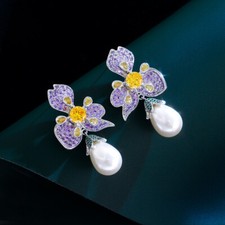 Silver Plated CZ Purple Yellow Long Dangle Big Flower Leaf Drop Pearl Earrings