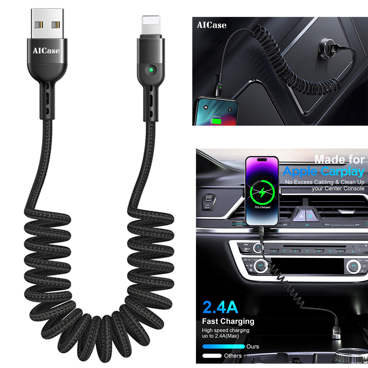 Fast Charge USB Cable Spring Coiled Cord For iPhone 14 13 12 11 X