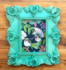 Two Hummingbirds miniature art watercolor print in vintage style ornate frame